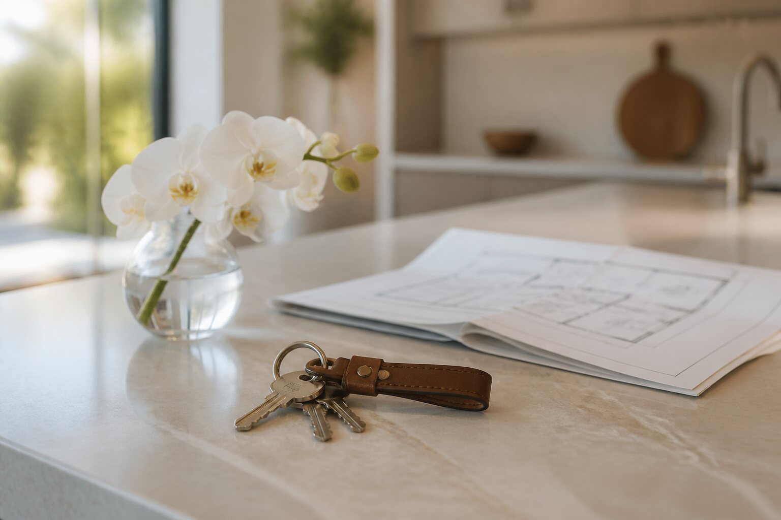 Keys and a floor plan on a kitchen island