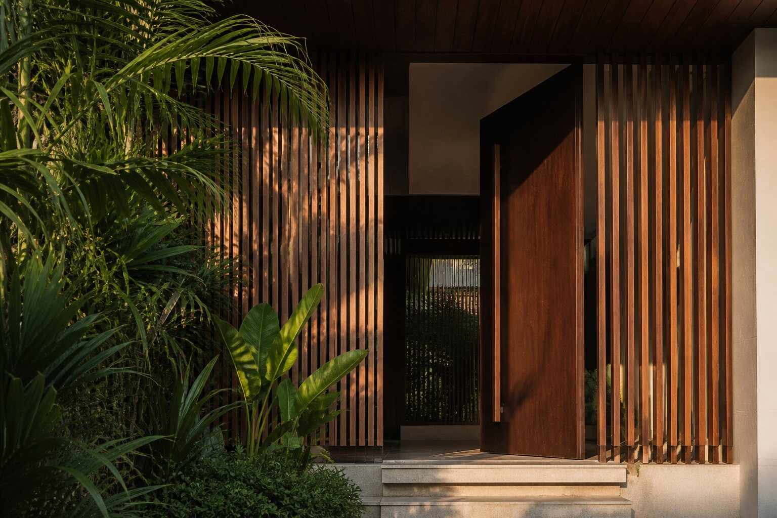 The timber entrance of a landed home