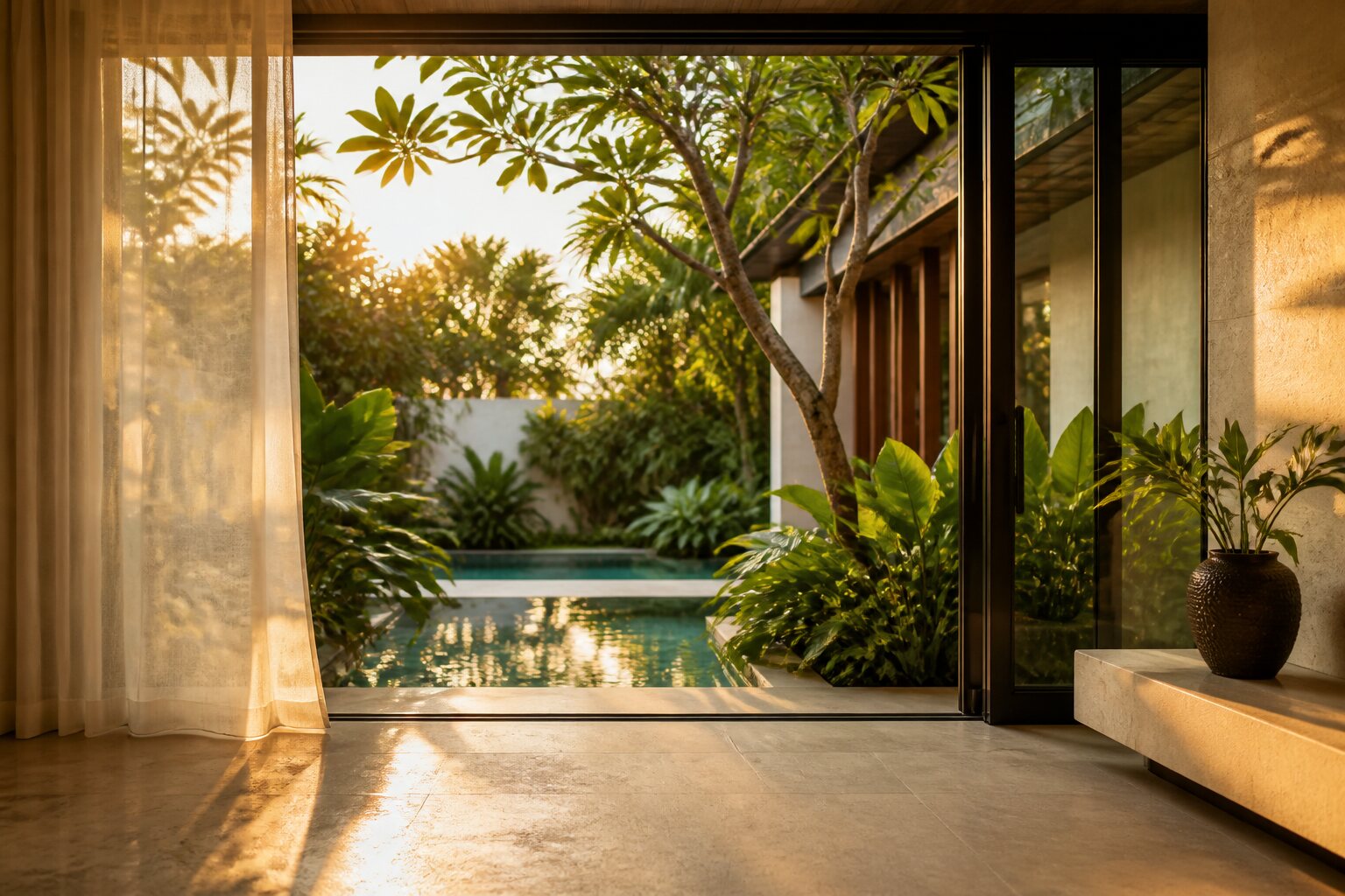 Looking out to a tropical garden and pool at golden hour