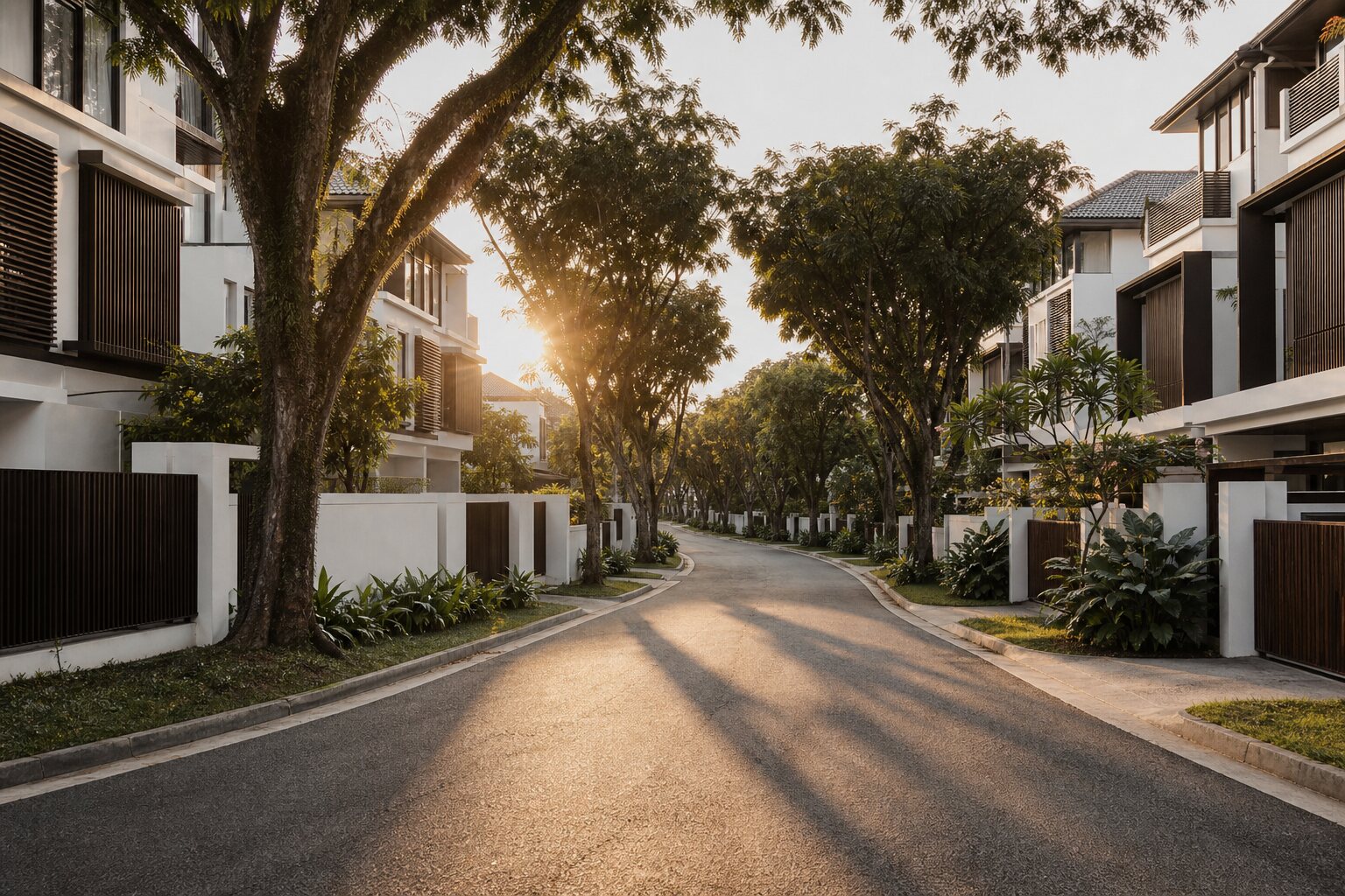 A landed housing street in Singapore at golden hour